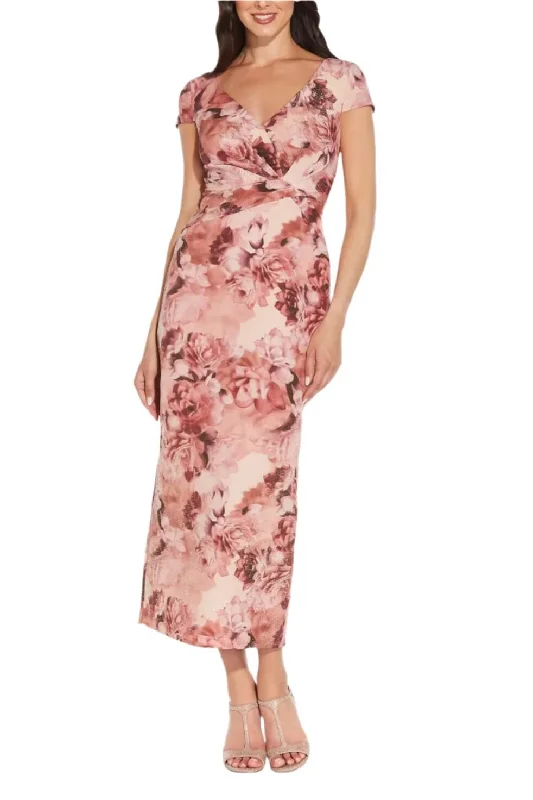 Long-sleeve DressAdrianna Papell V-Neck Cap Sleeve Gathered Front Zipper Back Ribbed Column Floral Print Metallic Dress