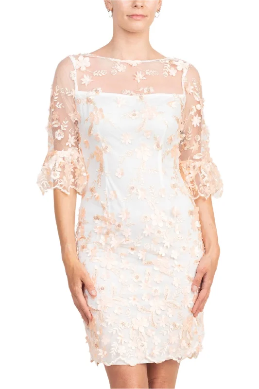 Bridal GownAdrianna Papell Illusion Boat Neck 3/4 Scuff Bell Sleeve 3D Floral Embroidery Throughout Sheath Woven Dress