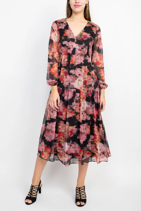 Halter DressAdrianna Papell V-Neck Long Sleeve Floral Print Empire Waist Tiered Chiffon Dress