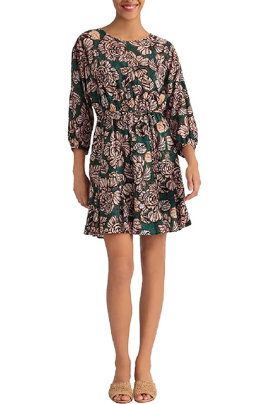 Opaque DressDonna Morgan Crew Neck Long Sleeve Tie Waist Floral Print Keyhole Back Polyester Dress