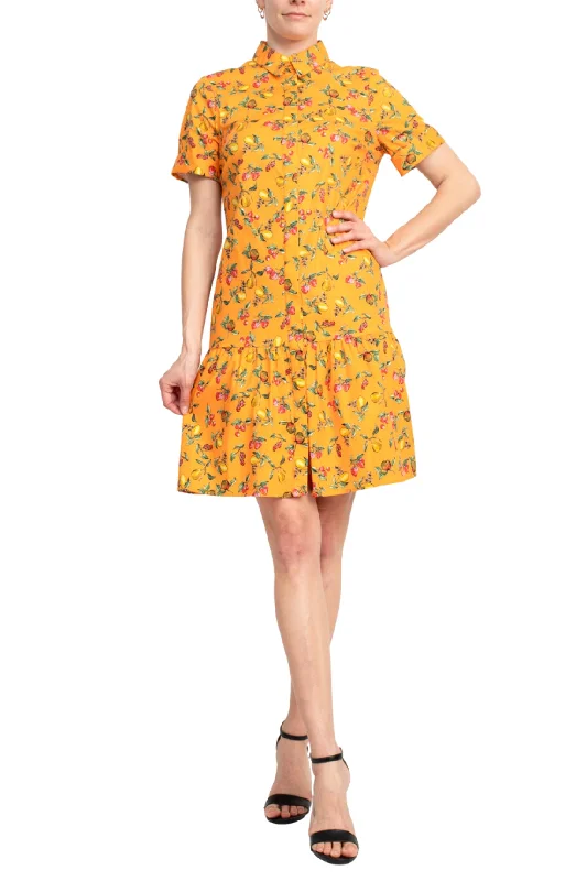 Dance DressDonna Morgan Collared High Neck Button Down Folded Short Sleeve Multi Print Cotton Blend Dress with Pockets