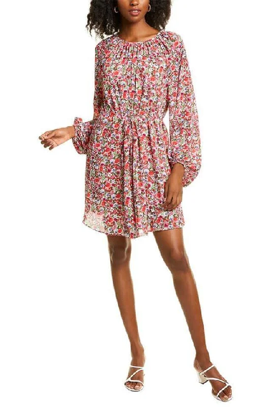 Asymmetrical DressMaggy London Crew Neck Long Sleeve Gathered Elastic Cuff’s Tie Waist Floral Print Keyhole Back Button Closure Sift Crepe Dress