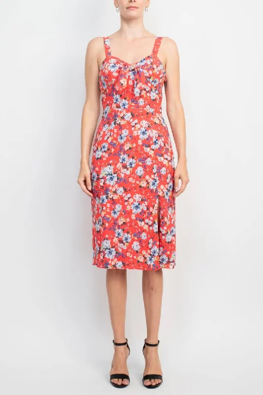 Maxi DressBCBG Generation Strap Shoulder Sweetheart Neck Bow Detail Keyhole Front Elastic Back Floral Print Crepe Dress