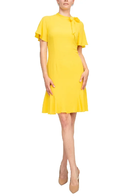 Off-the-shoulder DressMaggy London Tie Neck Short Sleeve Ruffled Hem Solid Crepe Dress