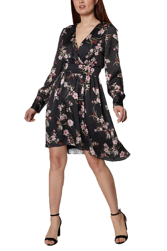 Tennis DressBCBG Generation V-Neck Long Sleeve Banded Waist Floral Print Fit & Flare Satin Dress