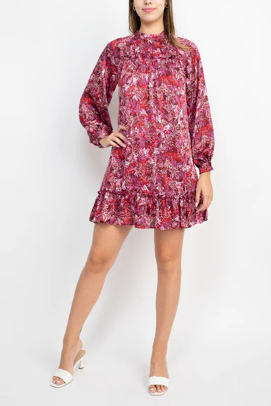 Ballet DressBCBG Generation Crew Neck Ruffle Detail Long Sleeve Cutout Back Multi Print Satin Dress