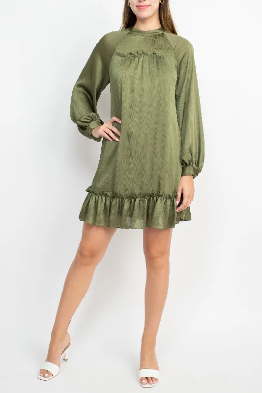 Dirndl DressBCBG Generation Crew Neck Long Sleeve Ruffled Detail Cutout Back Solid Satin Dress