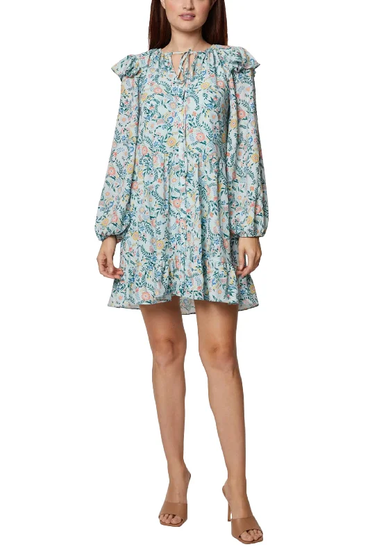 Ethnic DressBCBG Generation Tie Neck Long Sleeve Ruffled Shoulder Multi Print Shift Crepe Dress