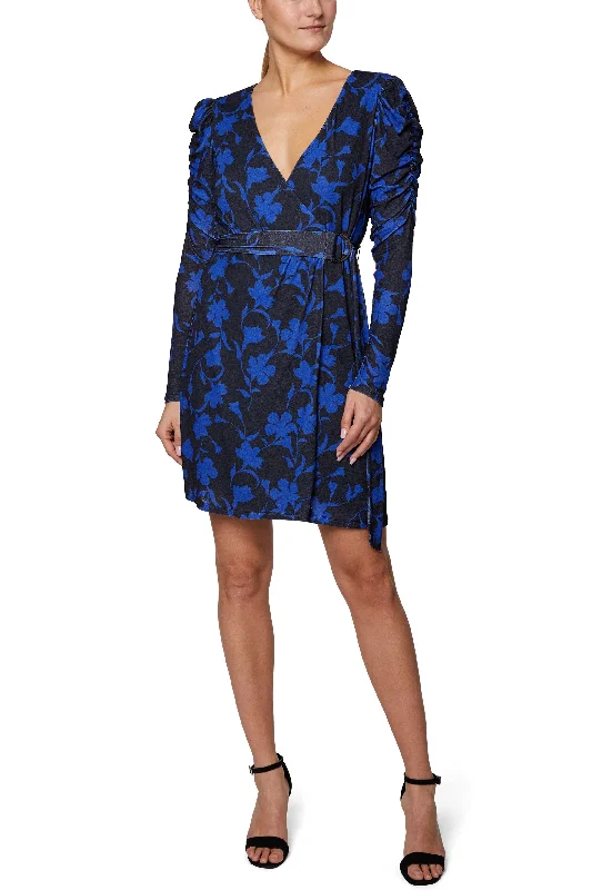 Wedding DressLaundry V-Neck Ruched Long Sleeve Belted Multi Print Knit Dress