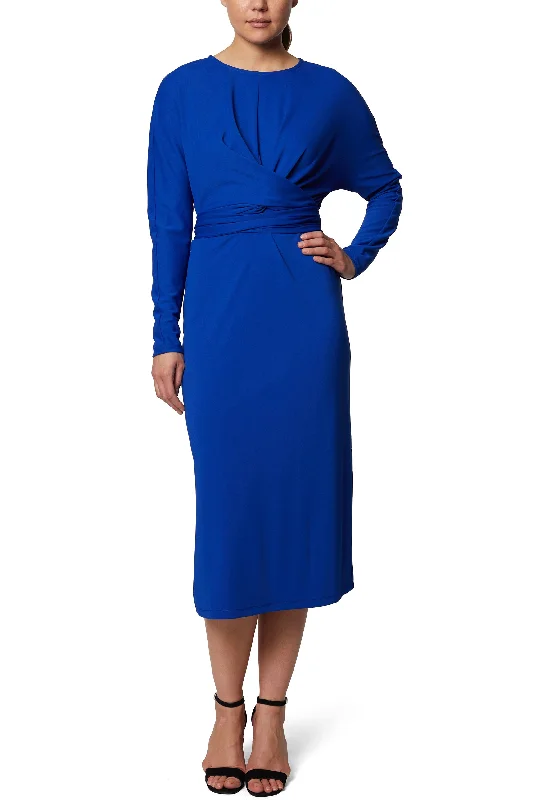 Asymmetrical DressLaundry Crew Neck Long Sleeve Ruched Tie Waist Solid Lux Matte Jersey Dress