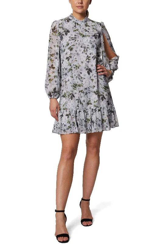 Opaque DressLaundry Crew Neck Slit Long Sleeve Floral Print Zipper Back Ruffled Hem Chiffon Dress