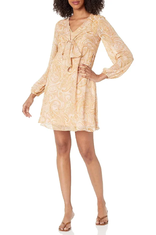 Floral DressLaundry V-Neck Long Sleeve Tie Front Paisley Print Chiffon Dress