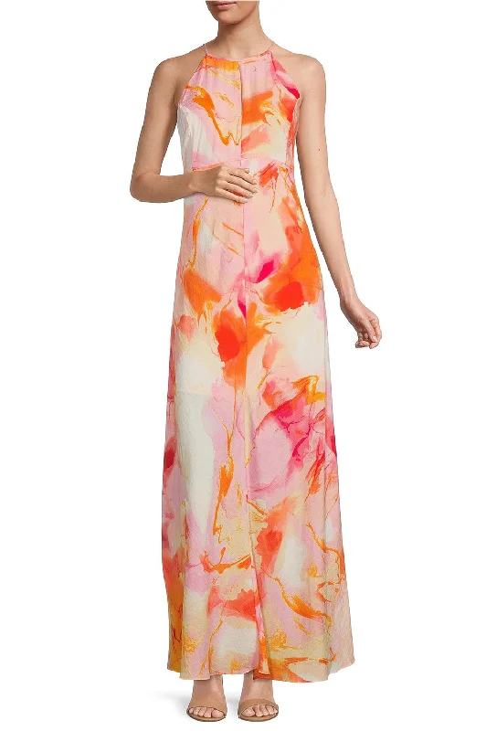 Floral DressLaundry Halter Neck Sleeveless Tie Dye Print Zipper Back Linen Dress