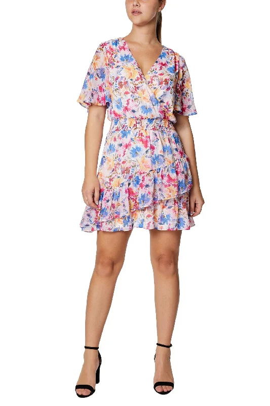 Business DressLaundry V-Neck Short Sleeve Elastic Waist Asymmetrical Tiered Floral Print Linen Dress