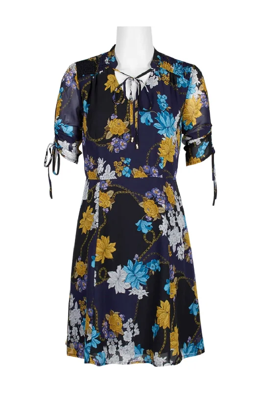 High-visibility DressSharagano Madarin Collar Tie Neck Adjustable Sleeve Elastic Waist Floral Print Chiffon Dress