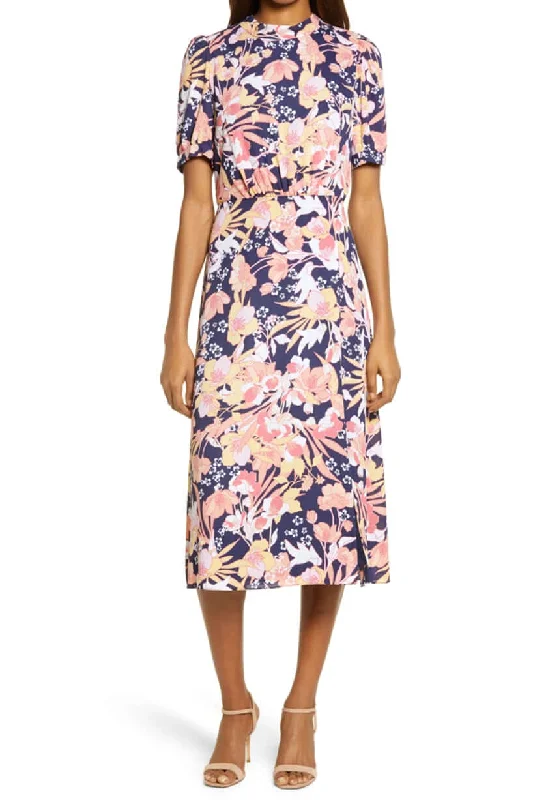 Wrap DressJulia Jordan High Neck Zipper Back Slit Side Floral Print Polyester Midi Dress