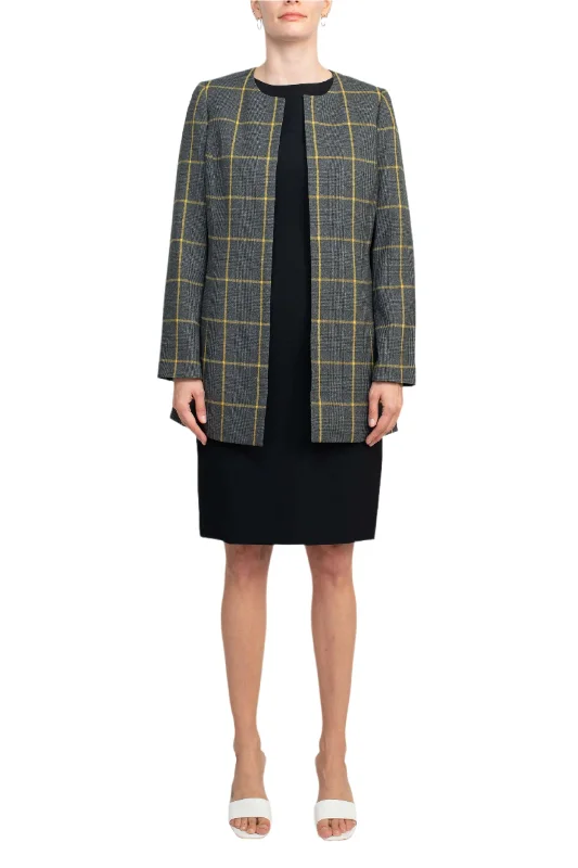 Retro DressLe Suit Boat Neck Sleeveless Zipper Back Crepe Dress with Crew Neck Long Sleeve Large Windowpane Pattern Jacket (Two Piece Set)