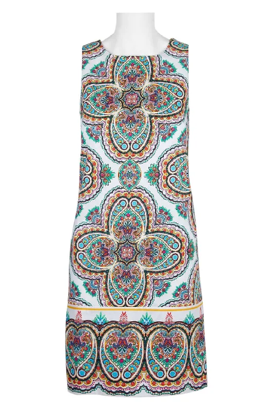 Sheer DressLondon Times Scoop Neck Sleeveless Zipper Back Multi Print Cotton Dress