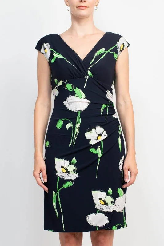 Silk DressCatherine Malandrino V-Neck Sleeveless Gathered Side Floral Print Jersey Dress