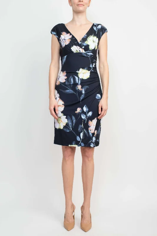 Leather DressCatherine Malandrino V-Neck Gathered Side Cap Sleeve Floral Print Jersey Dress