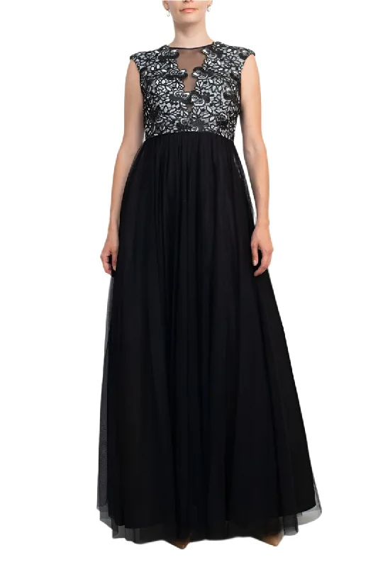 Fleece-lined DressAidan Mattox Crew Neck Illusion Sleeveless Floral Open Back Embroidered Bodice Ruched Mesh Dress