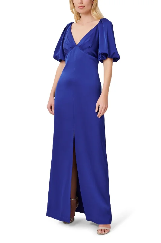 Designer DressAidan Mattox V- Neck Back Zipper Pleated Shoulders Short Sleeves Front Slit Opening Long Satin Dress