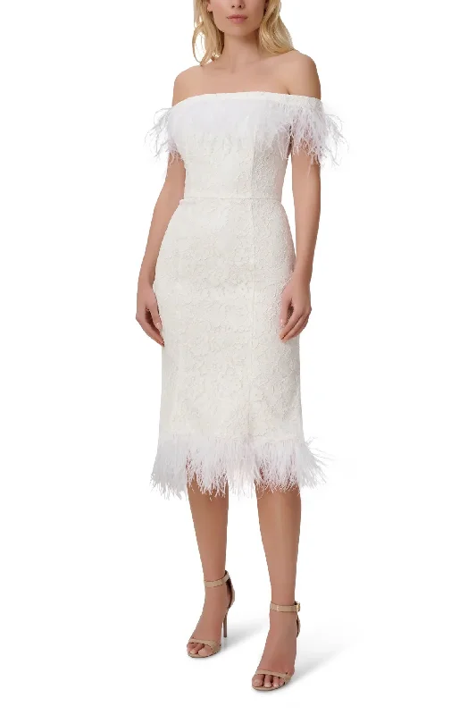 Thermal DressAidan Mattox Off The Shoulder Short Sleeves Back Zipper Feather Trim On Hem Midi Dress