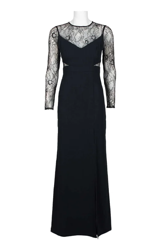 Asymmetrical DressAidan by Aidan Mattox Crew Neck Illusion Lace Bodice Long Sleeve Zipper Keyhole Back Pleated Crepe Twill Dress