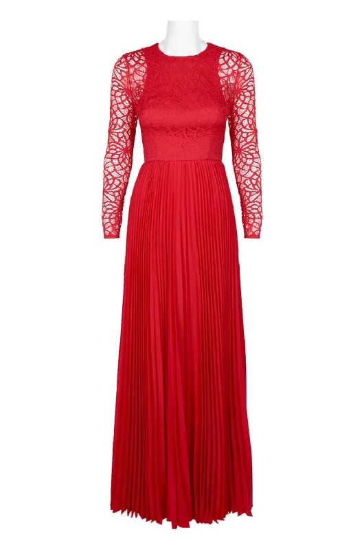 Floral DressAidan by Aidan Mattox Crew Neck Long Sleeve Illusion Zipper Back Pleated Lace Polyester Dress