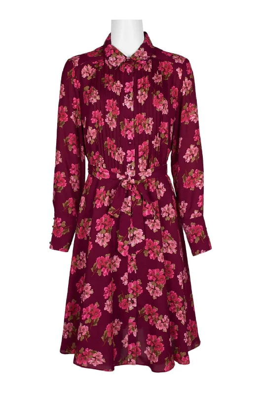 Slit DressNANETTE Nanette Lepore Collared Button Down Long Sleeve Tie Front Floral Print Polyester Dress