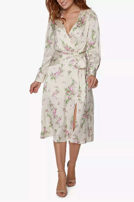 Uniform DressSage Collective V-Neck Long Sleeve Tie Waist Zipper Back Slit Front Floral Print Chiffon Dress