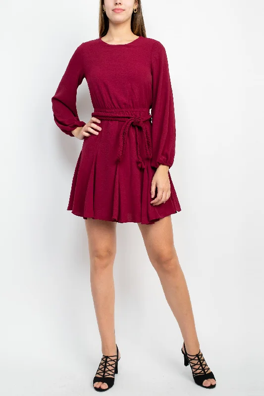 Satin DressSage Collective Crew Neck Long Sleeve Tie Waist Godet Hem Keyhole Back Solid Twill Dress