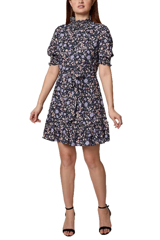 Lace DressSage Collective Ruched High Neck Short Sleeve Tie Waist Floral Print Ruched Hem A Line Crepe Dress