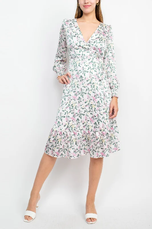 Military DressSage Collective V-Neck Tie Side Long Sleeve Ruffled Cuff And Sleeve Floral Print Satin Dress