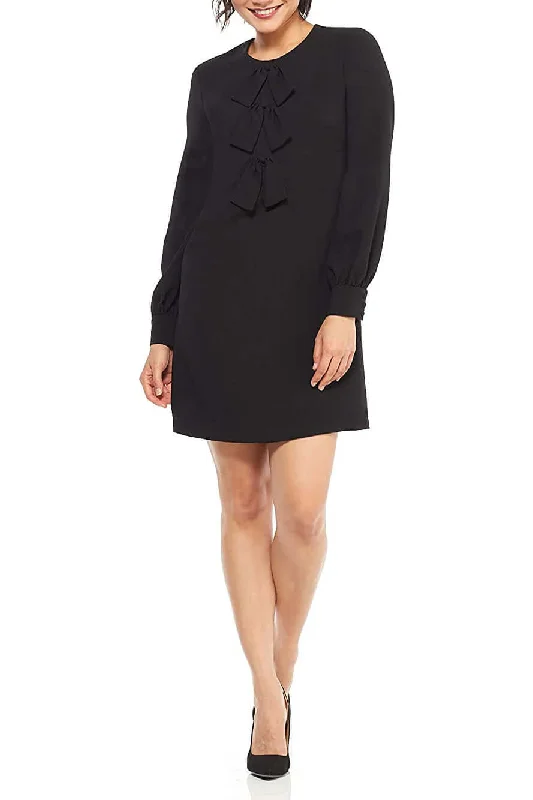 Ball GownLondon Times Crew Neck Tie Front Detail Long Sleeve Zipper Back Solid Crepe Dress