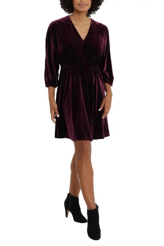 Wind DressLondon Times V-Neck Elastic Cuff Long Sleeve Elastic Waist A-Line Velvet Dress