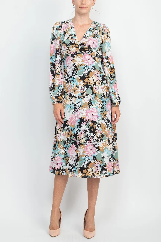 Fleece-lined DressLondon Times V-Neck Bishop Long Sleeve Floral Print Zipper Back Crepe Dress