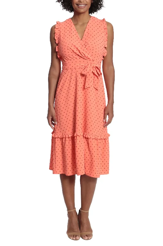 Cocktail DressLondon Times V-Neck Ruffled Shoulder Sleeveless Tiered Skirt Tie Waist Clip Dot Print Dress