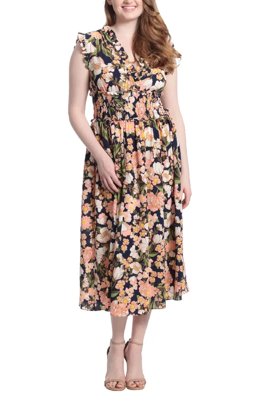 Rain DressLondon Times Ruffled V-Neck and Shoulders Elastic Waist Floral Print Bubble Crepe Dress