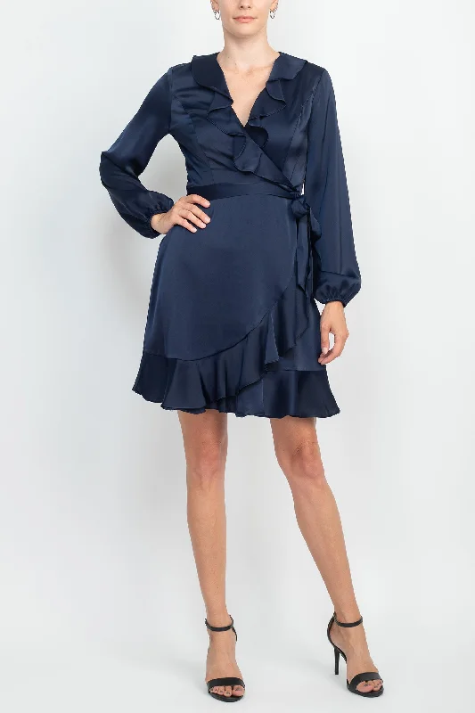 Athletic DressLondon Times V-Neck Bishop Sleeves Ruffled Warp Zipper Back Solid Charmeuse Dress