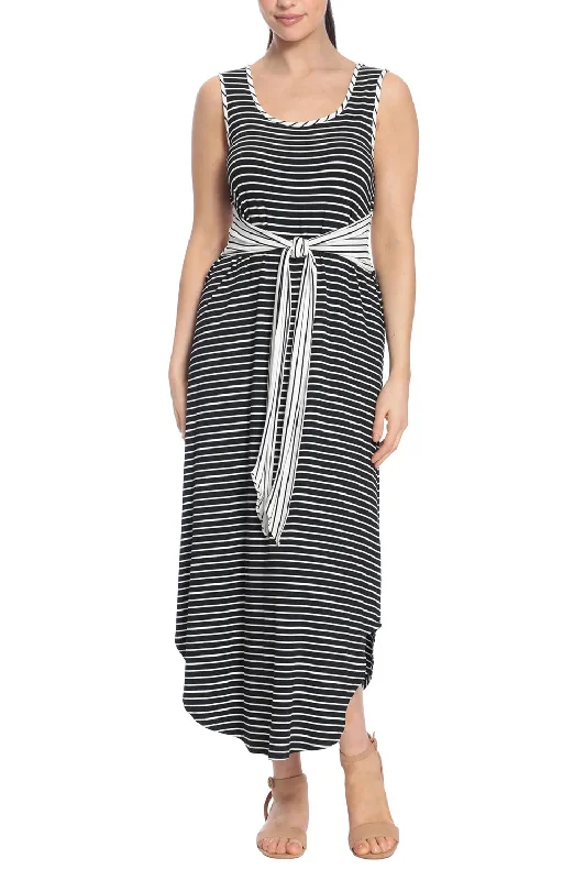 Maxi DressLondon Times Scoop Nek Sleeveless Tie Waist Stripe Print Rayon Maxi Dress