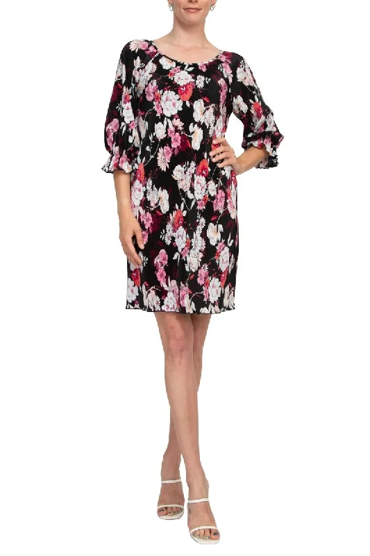 Denim DressConnected Apparel Scoop Neck 3/4 Elastic Cuff Floral Print Ribbed Chiffon Dress