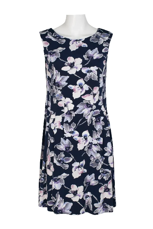 Modern DressConnected Apparel Scoop Neck Sleeveless Zipper Back Floral Print Fit & Flare Jersey Dress with Pockets