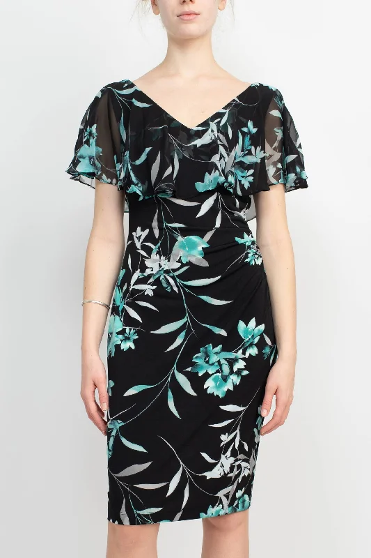 Midi DressConnected Apparel V-Neck Sleeveless Floral Print Chiffon Overlay Gathered Side Floral Print ITY Dress