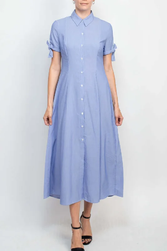 One-shoulder DressT Tahari Collared Button-down Short Sleeve Ties Stripe Pattern Fit Flare Rayon Dress