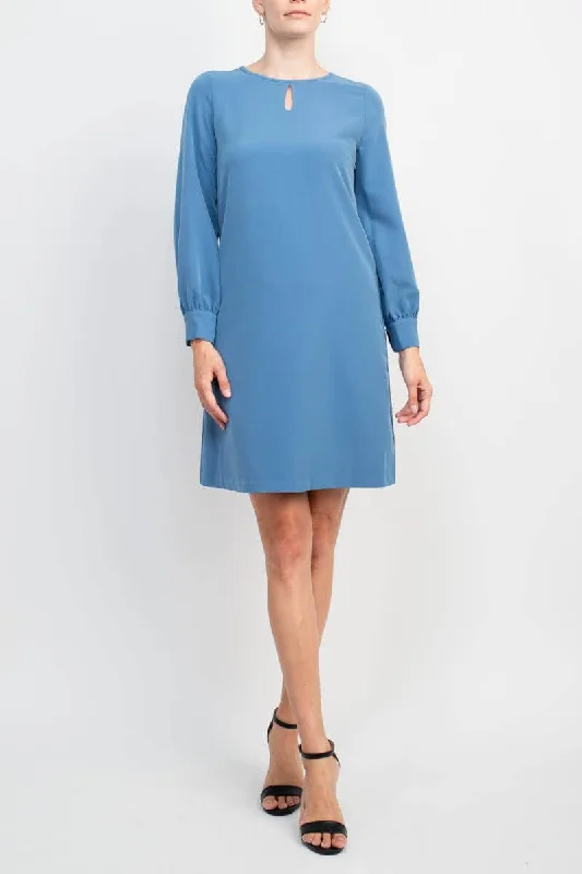 Slit DressT Tahari Crew Neck Keyhole Front Balloon Long Sleeve A-Line Stretch Crepe Dress