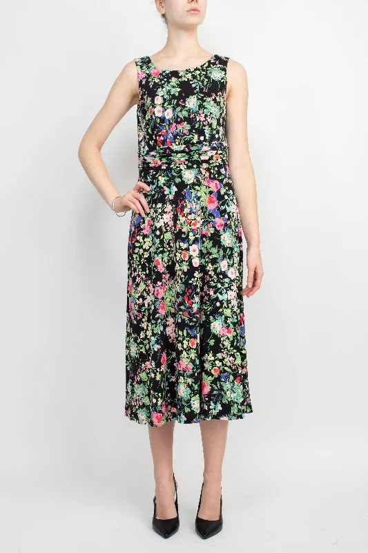 Polka-dot DressConnected Apparel Boat Neck Sleeveless Ruched Waist Floral Print Fit & Flare Jersey Dress