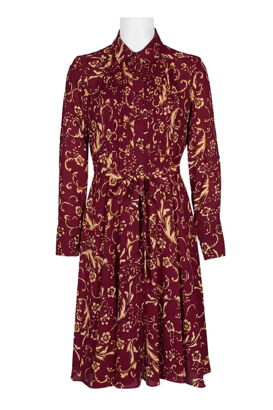 Strapless DressNANETTE Nanette Lepore Collared Long Sleeve Button Down Tie Waist Paisley Print Polyester Dress