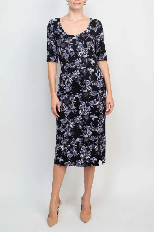 Formal DressConnected Apparel Scoop Neck 3/4 Sleeve Slit Side Floral Print Knit Dress